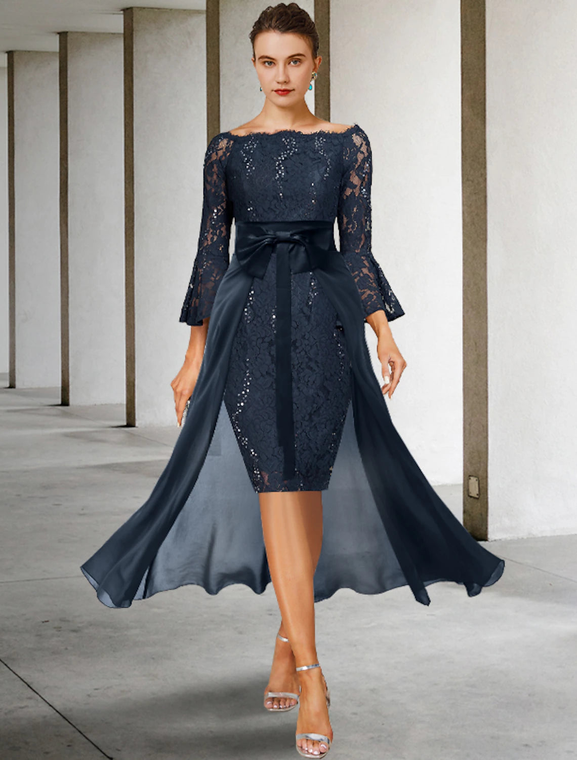 Wholesale  Two Piece Sheath / Column Mother of the Bride Dress Formal Wedding Guest Party Elegant Off Shoulder Knee Length Chiffon Lace Imitated Silk 3/4 Length Sleeve with Bow(s)